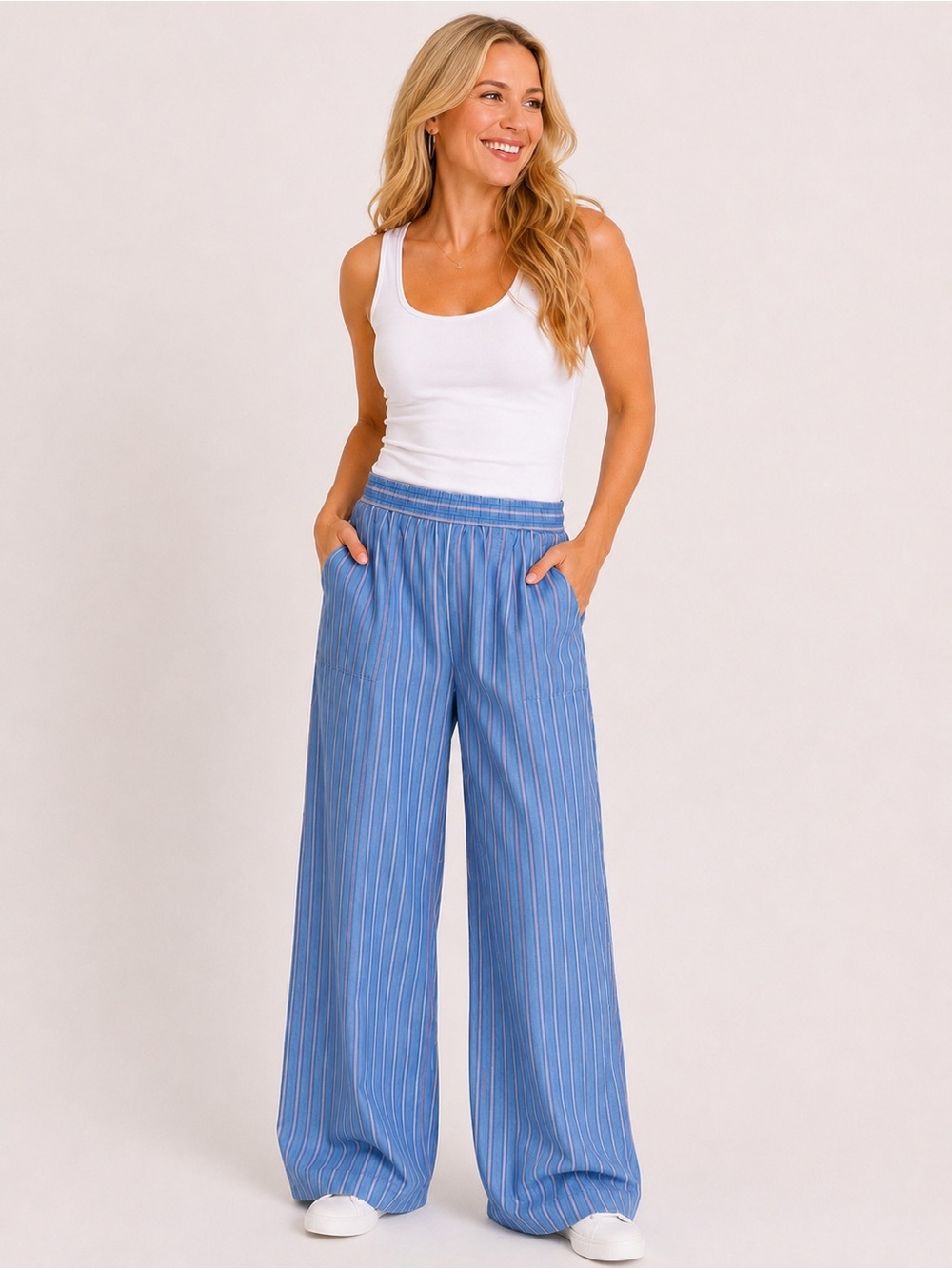 FEVER Lyocell Striped Wide Leg Pull-On Pants Blue Red Women’s NWT
